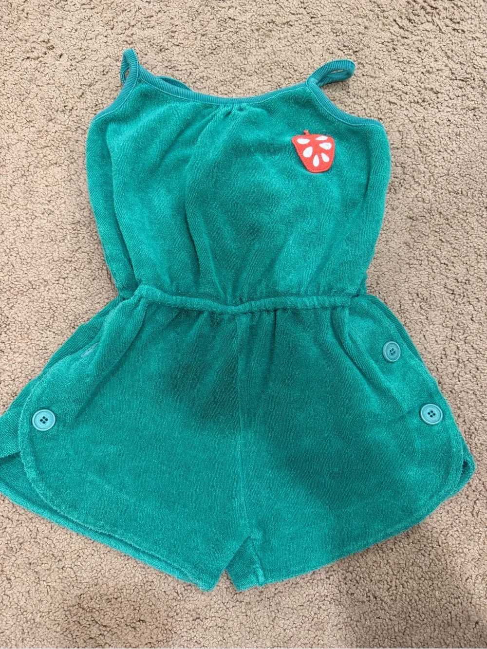 Teal Terry Romper with Strawberry Patch